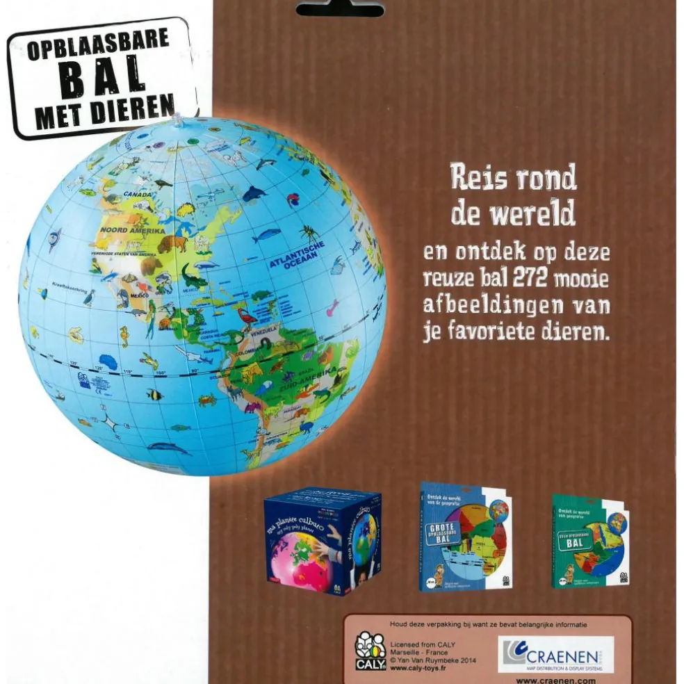 Caly Toys Wereldkaart met dieren opblaasbare bal 50 cm